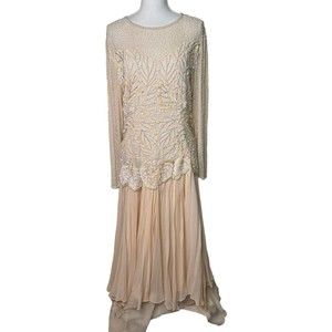Vintage Oleg Cassini Silk Sequin Beaded Formal Dress Size 12 Ivory Blush a10